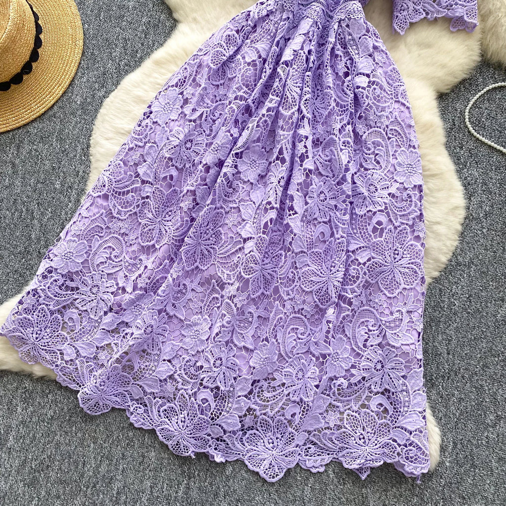Ele Hollow out Lace ort Sve Dr Women's Summer Slimming A-Line Gown High Waist Korean Sle Commute Suitable