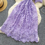 Ele Hollow out Lace ort Sve Dr Women's Summer Slimming A-Line Gown High Waist Korean Sle Commute Suitable