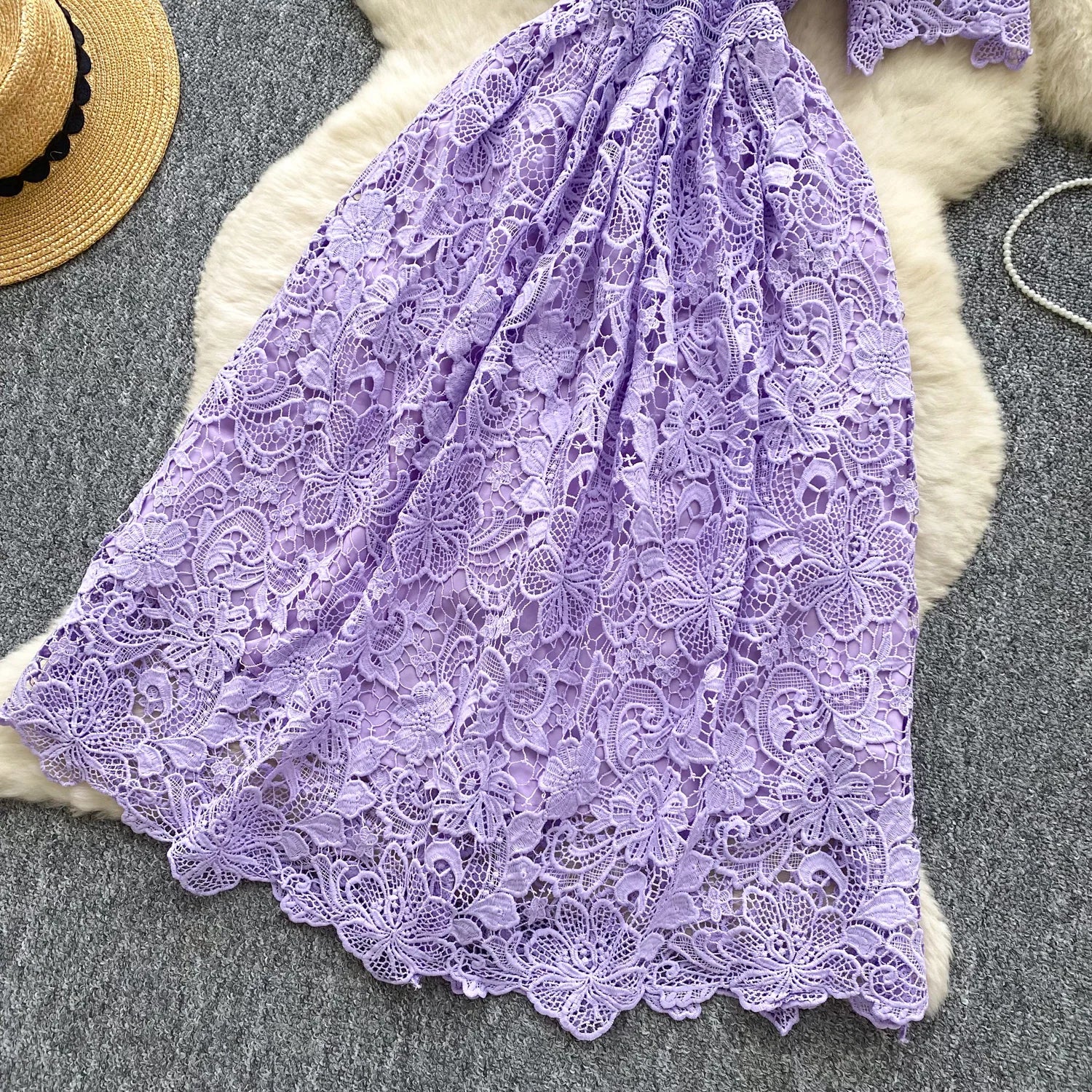 Ele Hollow out Lace ort Sve Dr Women's Summer Slimming A-Line Gown High Waist Korean Sle Commute Suitable