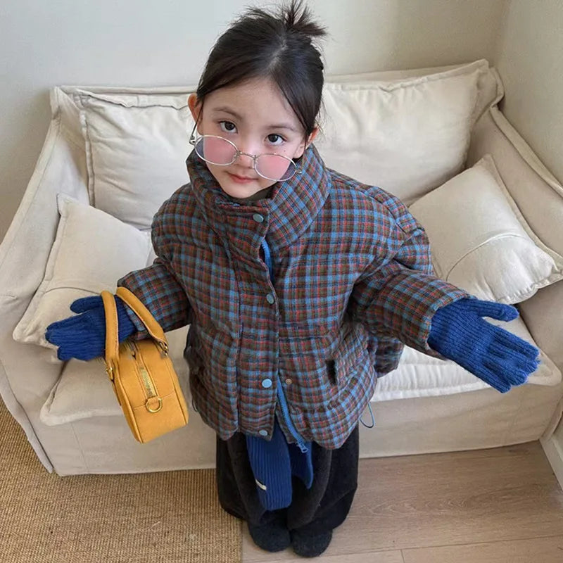 Girls' Autumn Winter Plaid Padded Jacket Warmth Coat Thicken Puffer Jacket Comfortable New Fashion Children Clothes Retro Style