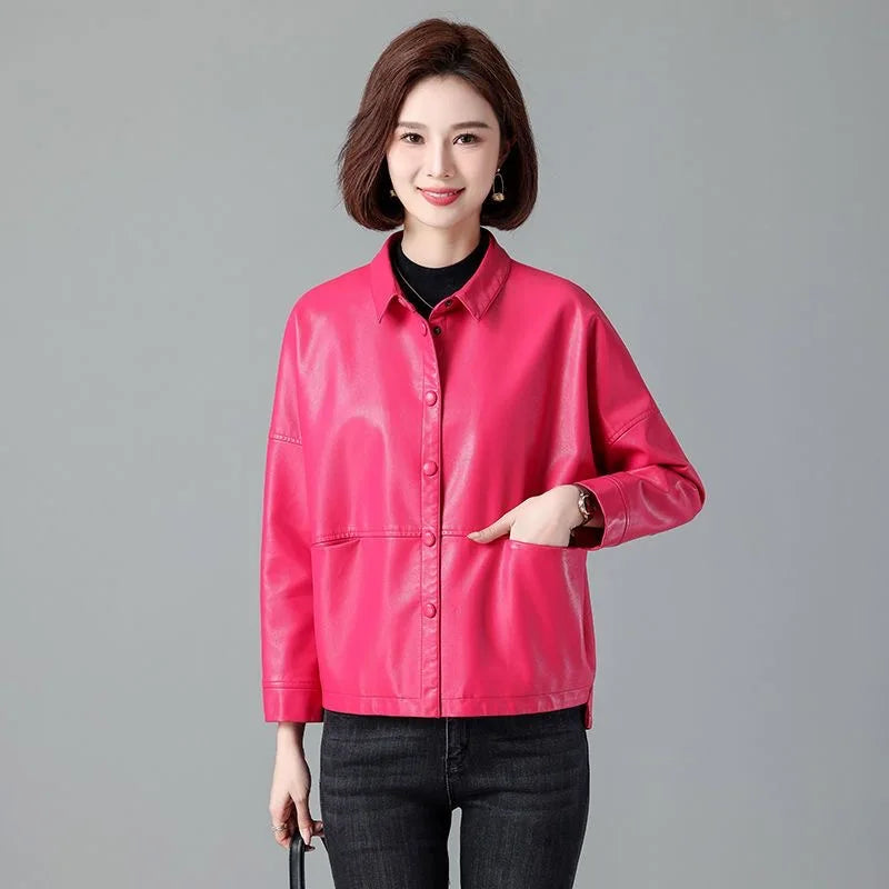 New Women Casual Loose Leather Jacket Spring Autumn Fashion Turn-down Collar Single Breasted Short Leather Motorbike Jacket