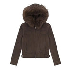 American hot girl big fur collar slim short jacket for women buckskin velvet waist slimming hooded cardigan sweatshirt