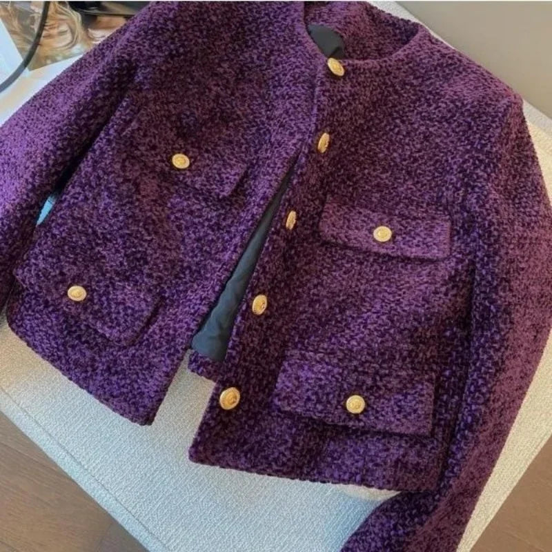 French Woolen Tweed Coat Small Fragrant O-neck Short Jacket Women High-end Metal Button Purple Tops Autumn Winter 012A
