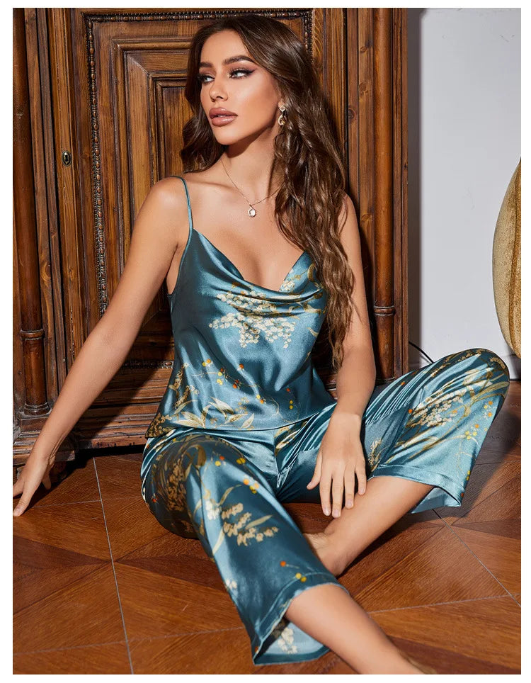 Women Pajamas Sexy Print Cherry Suspender Pijamas Suit Sleepwear Spring Summer Silk Rayon Home Clothes Sling Pants Two Piece Set