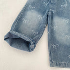 New autumn clothing for babies aged 0-3, with bow printed denim pants for baby girls, fashionable