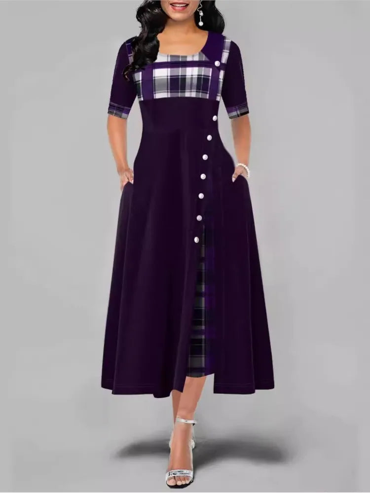 Women's Irregular Lattice Patchwork Long Dresses Vintage Buttons O Neck Half Sleeves Casual Lady Commuting Dress Fashion