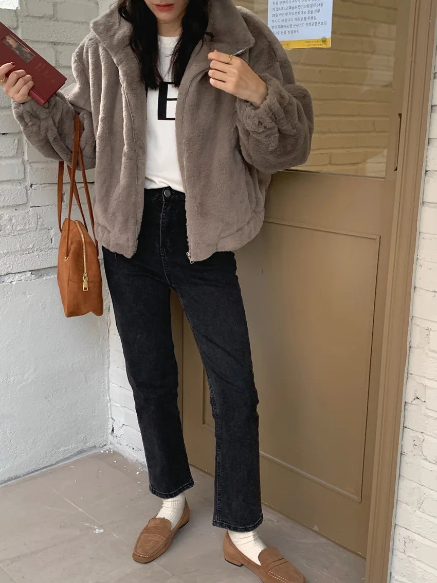 Women Autumn Winter Thicken Warm Coat Stand-Collar Loose Fur Plush Zipper Jacket Soft Comfortable Casual Simple Solid Outerwear
