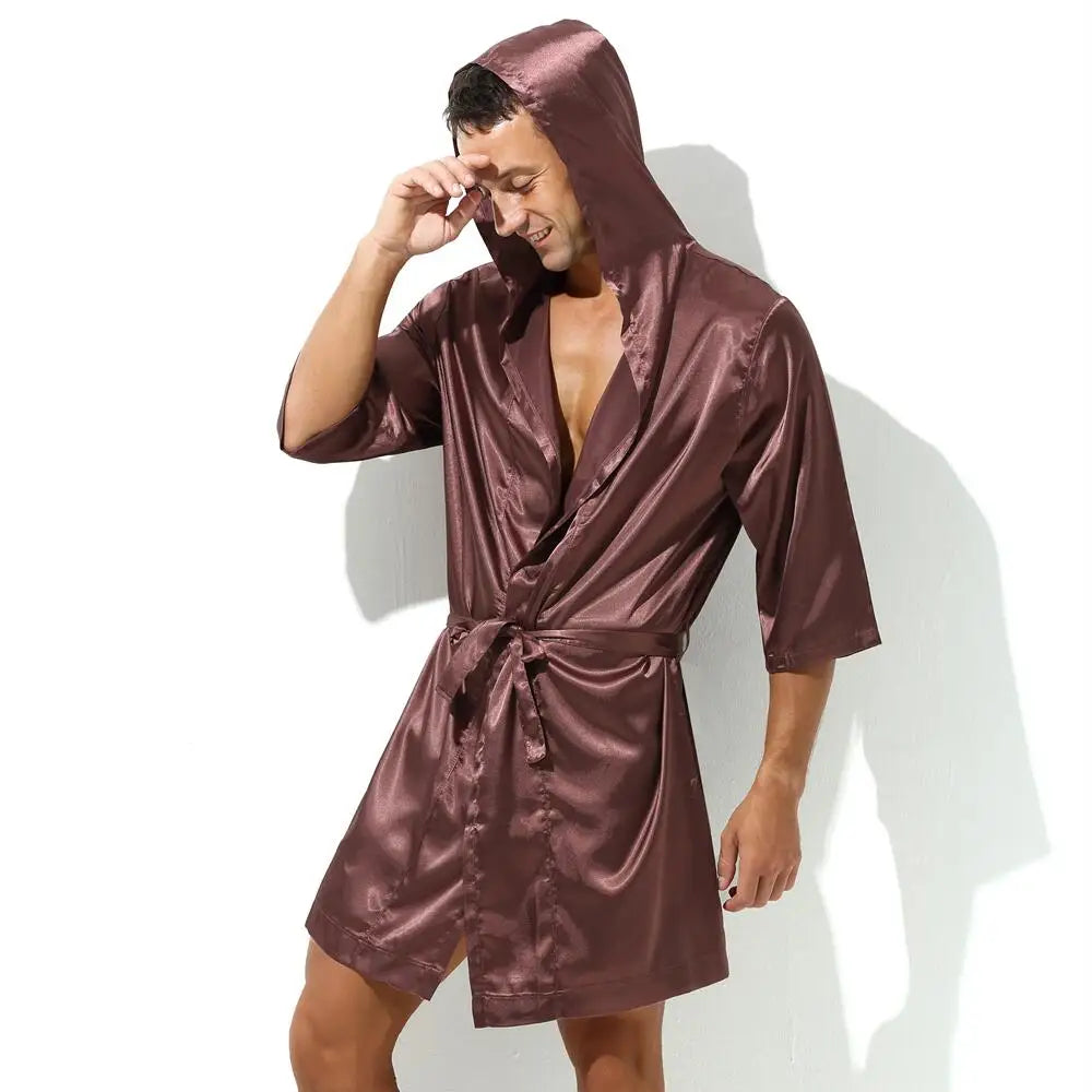 Sexy Sleepwear Men Robes Bathrobes Soft Silky Short Sleeve Nightgown Mens Homewear Dressing Gown Male Pajamas (No shorts)