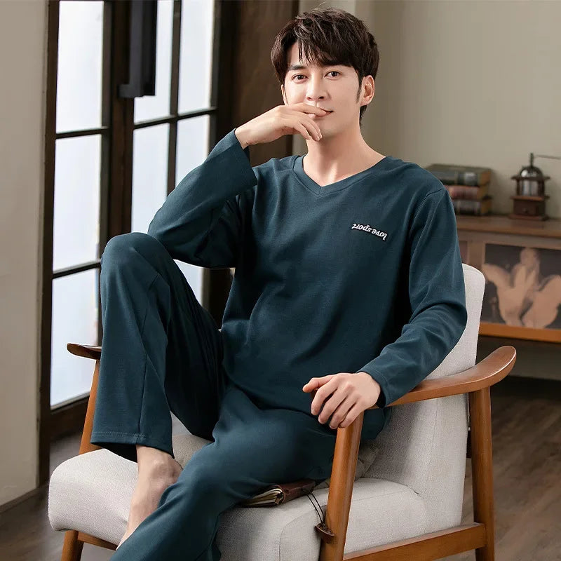 Fashion Lounge Pajamas Sets Men's Spring New Long-sleeved Tops with Trousers Cotton Homewear Comfort Simple Sleepwear Two Pieces