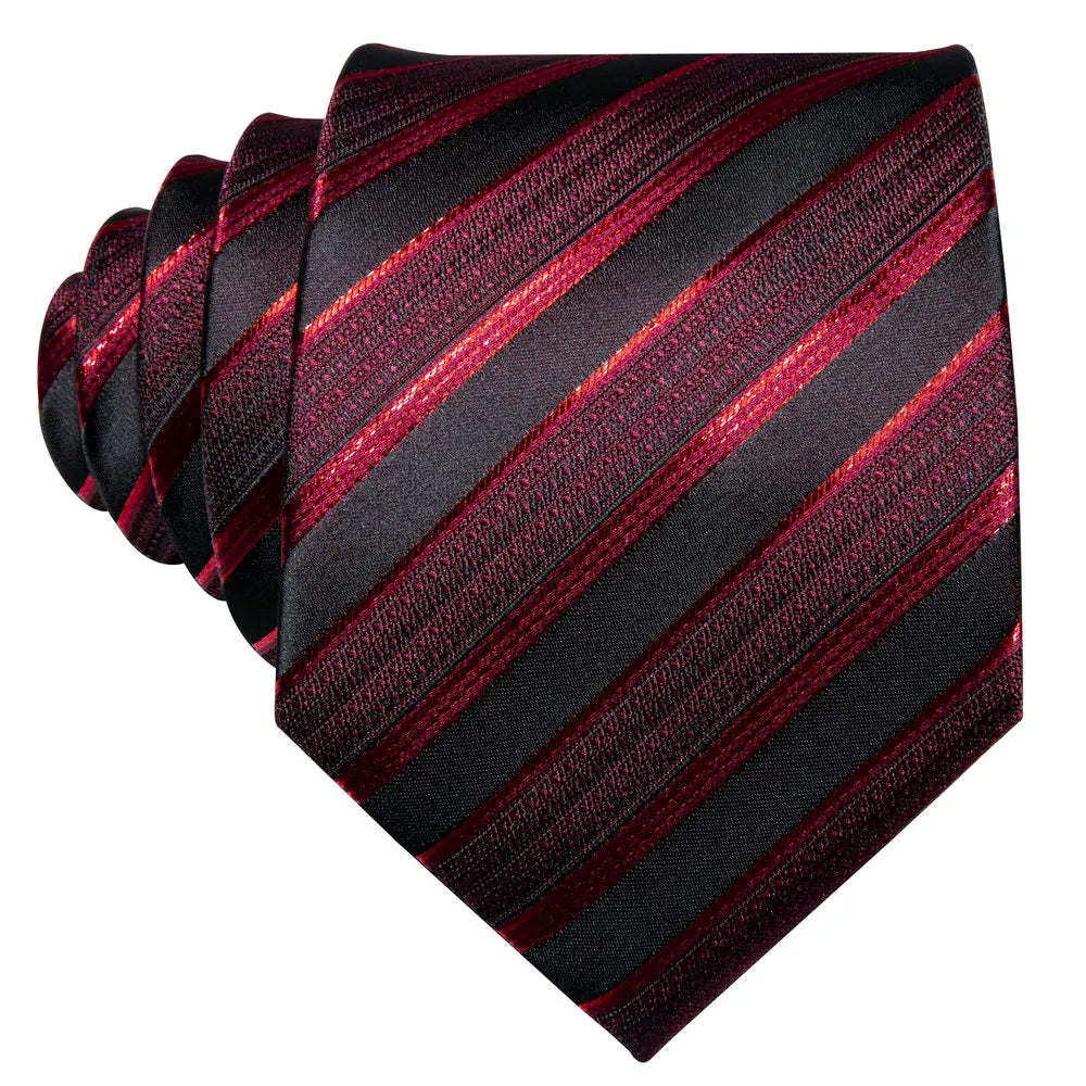 Male Luxury Neck Tie For Men Business Red Striped Silk Tie Hanky Cufflinks Set Barry.Wang Fashion Neckwear Wedding Party Casual
