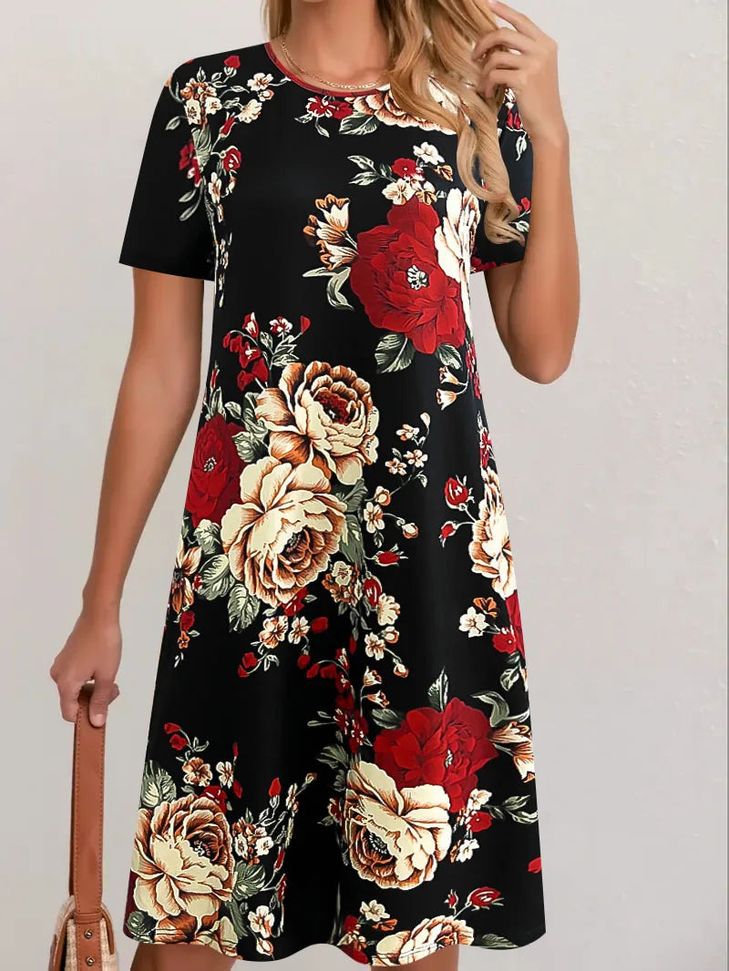 2025 cross-border printed dress women's elegant fashion summer round neck short sleeve loose skirt children cw82727