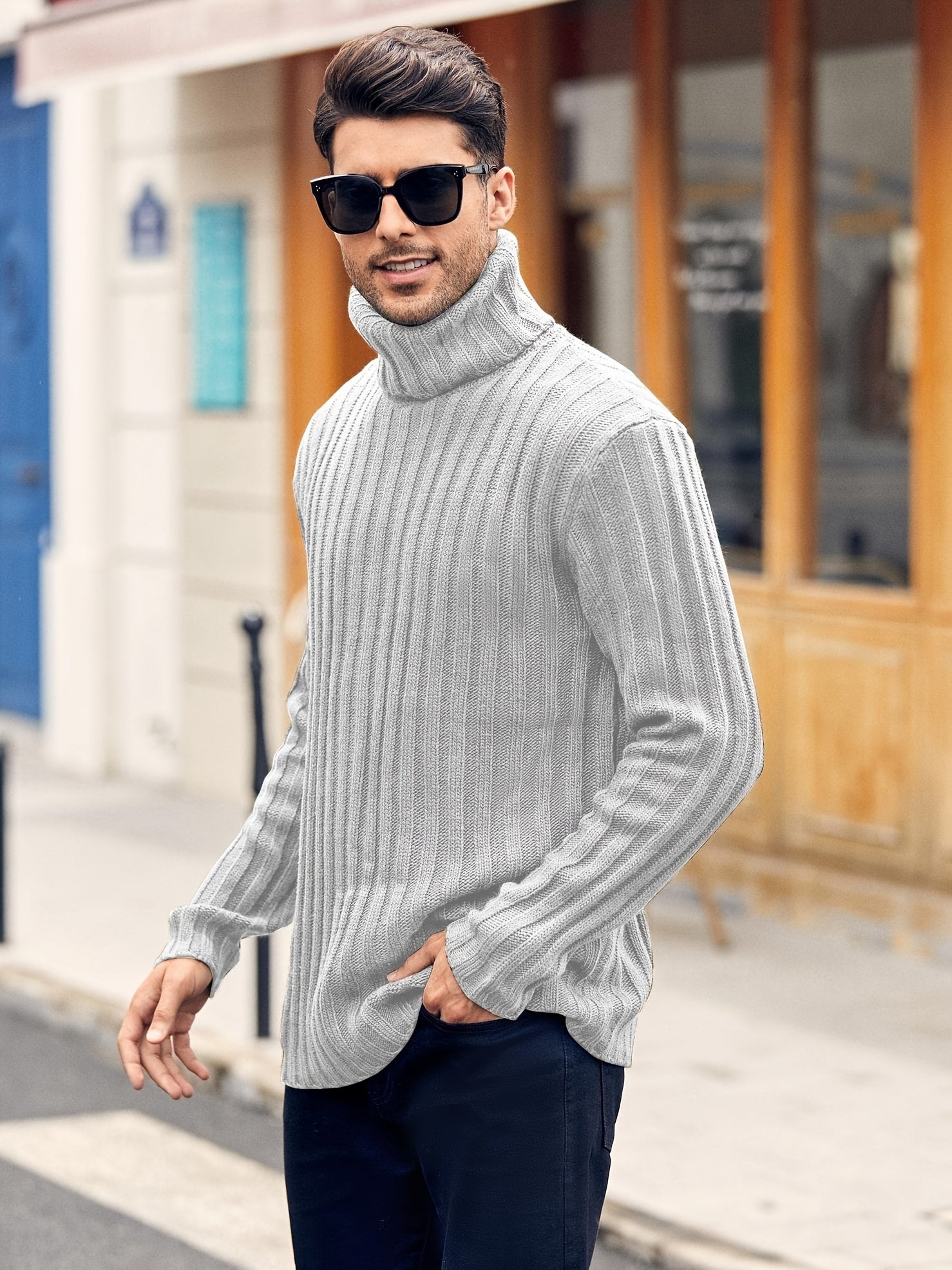 Mens Sweaters Turtleneck Cable Knitted Pullover Long Sleeve