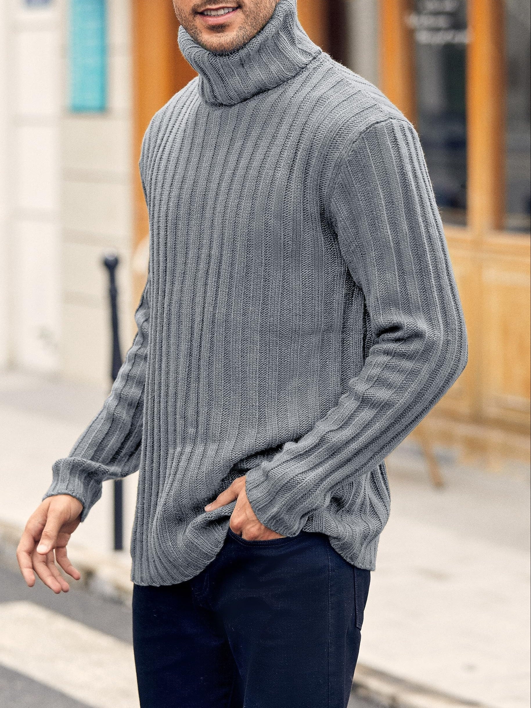 Mens Sweaters Turtleneck Cable Knitted Pullover Long Sleeve